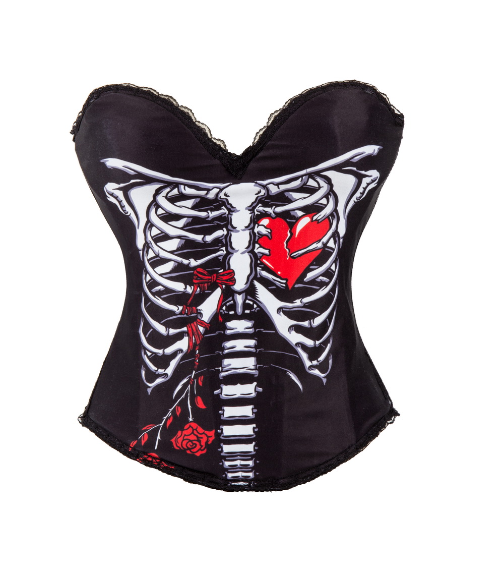 F66364  Skeleton with Heart & Floral Print Black Cotton Push Up Bustier Corset